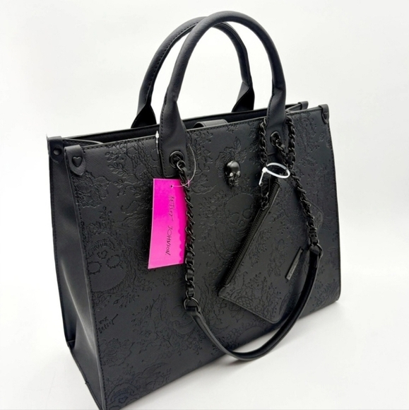 Betsey Johnson "skulltatstic"  black skull 2 PC large tote with wristlet XOKIARA - Picture 6 of 16